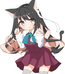 Rule 34 | 1girl, animal ears, black hair, blue bow, blush, bow, brown hair, cat ears, cat girl, cat tail, closed mouth, collared shirt, commentary request, dress, fang, fang out, grey thighhighs, hair ribbon, highres, ichi (ichi.colors), kantai collection, kemonomimi mode, long sleeves, multicolored eyes, multicolored hair, naganami (kancolle), purple dress, purple eyes, ribbon, shirt, simple background, sleeveless, sleeveless dress, sleeves past wrists, smile, solo, tail, tail raised, thighhighs, two-tone hair, white background, white ribbon, white shirt, yellow eyes