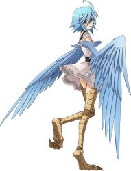 Rule 34 | 1girl, ahoge, artist request, bird legs, black choker, blue hair, blue panties, blue wings, blush, choker, dress, feathered wings, feathers, game cg, hair between eyes, harpy, looking at viewer, looking back, monster girl, monster musume no iru nichijou, monster musume no iru nichijou online, official alternate costume, official art, panties, papi (monster musume), scales, smile, solo, standing, standing on one leg, tachi-e, talons, transparent background, underwear, upskirt, white dress, winged arms, wings, yellow eyes