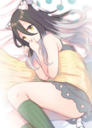 Rule 34 | 1girl, animal ear fluff, animal ears, bare arms, bare shoulders, bed sheet, black hair, blanket, brown eyes, closed mouth, commentary request, dress, frilled pillow, frills, green socks, grey dress, grey hair, gucchiann, hair between eyes, hand to own mouth, hands up, highres, kneehighs, long hair, looking at viewer, lying, multicolored hair, on side, pillow, polka dot, polka dot pillow, princess connect!, ribbed legwear, shiori (princess connect!), sleeveless, sleeveless dress, smile, socks, solo, star cutout, tail, tiger ears, tiger girl, tiger tail, two-tone hair, very long hair