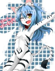 Rule 34 | 1girl, animal ears, bad id, bad pixiv id, blue hair, blush, borrowed character, collar, fang, flat chest, fuurin rei, happy birthday, long hair, one eye closed, open mouth, original, smile, solo, tail, tiger ears, tiger tail, translation request, wink, yellow eyes, yoshizawa tsubaki