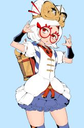 Rule 34 | 1girl, :o, backpack, bag, blue background, blue thighhighs, dress, flute, glasses, hair ornament, instrument, nintendo, open mouth, puffy short sleeves, puffy sleeves, purah, recorder, red-framed eyewear, red eyes, short hair, short sleeves, simple background, solo, sumiran (sumiran56565656), the legend of zelda, the legend of zelda: breath of the wild, thighhighs, white hair, zettai ryouiki