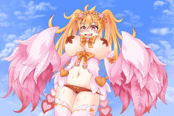 Rule 34 | alternate hair color, alternate hairstyle, blonde hair, blush, breasts, cameltoe, cloud, commentary request, drooling, feathered wings, feathers, heart, highres, jubjub (monster girl encyclopedia), large breasts, midriff, monster girl encyclopedia, multicolored hair, navel, open mouth, panties, pasties, pink feathers, pink thighhighs, pink wings, red eyes, red panties, sky, solo, sora (sunday sky), streaked hair, sweat, thighhighs, twintails, underwear, winged arms, wings
