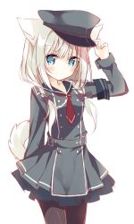 Rule 34 | 1girl, adjusting clothes, adjusting headwear, animal ears, arm behind back, arm up, belt, black bow, black pantyhose, blonde hair, blue eyes, blush, bow, character request, commentary request, copyright request, dog ears, dog tail, hair bow, hat, highres, hoshi (snacherubi), long sleeves, looking at viewer, low twintails, military, military hat, military uniform, pantyhose, simple background, solo, tail, twintails, uniform, white background