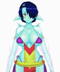 Rule 34 | 1girl, animated, animated gif, arabian clothes, be witches, blue hair, blue skin, blush stickers, breast expansion, breasts, colored skin, female focus, fish girl, green eyes, hair over one eye, huge breasts, looking at viewer, looking down, short hair, skindentation, solo, vuu (be witches)
