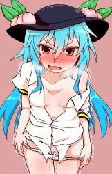 Rule 34 | 1girl, blue hair, blush, collarbone, colored eyelashes, embarrassed, food, fruit, hat, hato no suisou, highres, hinanawi tenshi, no bra, no pants, off shoulder, panties, panty pull, peach, red eyes, solo, sweat, touhou, trembling, underwear, wavy mouth, white panties