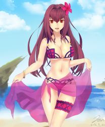 Rule 34 | 1girl, 2016, absurdres, bad id, bad pixiv id, beach, bikini, bracelet, breasts, cleavage, clothes lift, dated, day, fate/grand order, fate (series), flower, hair flower, hair ornament, highres, jewelry, large breasts, bridal garter, long hair, looking at viewer, moobong, nail polish, navel, ocean, open mouth, purple hair, red eyes, sarong, sarong lift, scathach (fate), scathach (fate), scathach (fate/grand order), scathach (swimsuit assassin) (fate), signature, solo, swimsuit, thigh gap, underboob