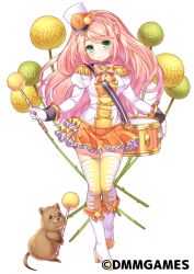 Rule 34 | 1girl, boots, braid, character request, closed mouth, conductor, drum, epaulettes, flower knight girl, frills, full body, gloves, green eyes, hat, holding, holding wand, instrument, knee boots, long hair, looking at viewer, official art, orange skirt, pink hair, pleated skirt, print thighhighs, shako cap, shouni (sato3), simple background, skirt, smile, solo, standing, thighhighs, thighhighs under boots, treble clef, uniform, wand, white background, white footwear, white gloves, yellow thighhighs