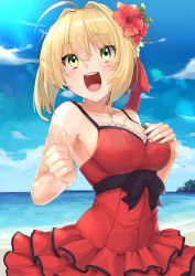 Rule 34 | 1girl, ahoge, bare shoulders, blonde hair, blue sky, blush, bow, braid, breasts, cleavage, collarbone, dress, dress swimsuit, fate/grand order, fate (series), flower, french braid, green eyes, hair flower, hair intakes, hair ornament, hair ribbon, hand on own chest, highres, large breasts, long hair, looking at viewer, nero claudius (fate), nero claudius (fate) (all), nero claudius (fate/extra), nero claudius (swimsuit caster) (fate), ocean, official alternate costume, open mouth, red dress, red ribbon, ribbon, shochiku, shore, sky, smile, waist bow