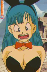 Rule 34 | 1girl, animal ears, animated, animated gif, bare shoulders, black leotard, blue eyes, blue hair, bouncing breasts, bow, bowtie, breasts, bulma, cleavage, curvy, detached collar, dragon ball, fake animal ears, female focus, foxybulma, large breasts, leotard, long hair, looking at viewer, matching hair/eyes, nipples, outdoors, playboy bunny, rabbit ears, rabbit tail, standing, tail, toei animation, torn clothes