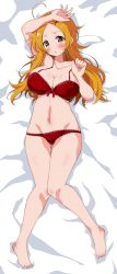 Rule 34 | 1girl, absurdres, ahoge, arm up, bare legs, barefoot, bed sheet, blush, bra, breasts, character request, cleavage, collarbone, copyright request, dakimakura (medium), eggman (pixiv28975023), feet, gluteal fold, hair ornament, highres, knees together feet apart, lace, lace-trimmed bra, lace-trimmed panties, lace trim, large breasts, long hair, looking at viewer, lying, navel, on back, orange eyes, orange hair, panties, parted lips, red bra, red panties, solo, toes, underwear, underwear only, x hair ornament