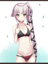 Rule 34 | 10s, 1girl, alternate costume, arm behind back, ass, bare shoulders, bikini, black bikini, blush, breasts, collarbone, commentary request, gluteal fold, green eyes, hair flaps, hair ornament, hair ribbon, heavens thunder (byakuya-part2), kantai collection, letterboxed, long hair, looking at viewer, navel, pink hair, ponytail, ribbon, side ponytail, small breasts, smile, solo, swimsuit, thigh gap, thighs, very long hair, yura (kancolle)