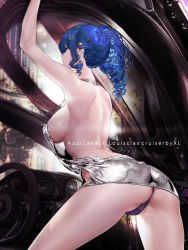 Rule 34 | 1girl, absurdres, arm up, armpits, ass, azur lane, back, backless dress, backless outfit, bare arms, bare shoulders, blue hair, breasts, car, character name, copyright name, dress, earrings, evening gown, from behind, glint, grey dress, hair ornament, highres, jewelry, large breasts, leaning forward, long hair, looking at viewer, looking back, motor vehicle, panties, pantyshot, purple eyes, shiny clothes, side ponytail, sideboob, sidelocks, sleeveless, sleeveless dress, solo, st. louis (azur lane), st. louis (luxurious wheels) (azur lane), steering wheel, strap gap, thighs, underwear, xiaoluo xl