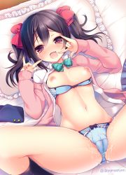 Rule 34 | 10s, 1girl, \m/, ayuma sayu, black hair, blue bra, blue panties, blush, bow, bow bra, bow panties, bra, bra pull, breasts, cameltoe, cleft of venus, clothes pull, frilled pillow, frills, hair bow, kneehighs, long sleeves, looking at viewer, love live!, love live! school idol project, navel, nipples, open mouth, panties, pillow, red eyes, short hair, skirt, unworn skirt, socks, solo, spread legs, sweat, tears, twintails, underwear, yazawa nico