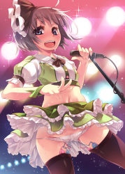 Rule 34 | 1girl, :d, adapted costume, black thighhighs, blue eyes, blush, discreet vibrator, female focus, hair ribbon, hairband, highres, holding, idol, konpaku youmu, looking at viewer, lowleg, lowleg panties, microphone, microphone stand, midriff, open mouth, panties, public indecency, public vibrator, pussy juice, pussy juice stain, remote control vibrator, ribbon, sex toy, short hair, silver hair, skirt, smile, soine, solo, sparkle, thighhighs, touhou, underwear, upskirt, vibrator, vibrator under clothes, vibrator under panties, wet, wet clothes, wet panties, white panties, wrist cuffs
