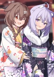 Rule 34 | 2girls, :d, ;d, ahoge, animal ears, arm hug, blush, bone hair ornament, braid, cat ears, cat girl, commentary request, cowboy shot, dog ears, dog girl, fang, floral print, fur collar, hair ornament, highres, hololive, inugami korone, japanese clothes, kimono, long hair, long sleeves, looking at another, looking at viewer, looking to the side, multiple girls, nekomata okayu, obi, one eye closed, open mouth, outdoors, print kimono, purple eyes, purple hair, red eyes, sash, short hair, skin fang, smile, striped clothes, striped kimono, taitan, twin braids, virtual youtuber, white kimono, wide sleeves, yukata