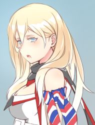 Rule 34 | 1girl, bare shoulders, blonde hair, blue background, blue eyes, dress, hair between eyes, highres, kantai collection, long hair, looking at viewer, mole, mole under eye, mole under mouth, multicolored clothes, multicolored scarf, namaata, richelieu (kancolle), scarf, simple background, solo, strapless, strapless dress, upper body