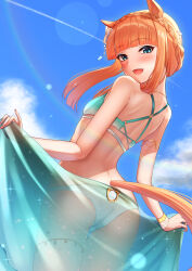 Rule 34 | 1girl, absurdres, animal ears, aqua bikini, aqua sarong, arugou, ass, bare shoulders, bikini, blue eyes, blue sky, braid, cloud, cloudy sky, commentary request, cowboy shot, crown braid, from behind, highres, horse ears, horse girl, horse tail, looking at viewer, looking back, applying manicure, nail polish, nape, official alternate costume, official alternate hairstyle, open mouth, orange hair, outdoors, sarong, short hair, silence suzuka (emerald on the waves) (umamusume), silence suzuka (umamusume), sky, smile, solo, sun, swimsuit, tail, thigh strap, umamusume