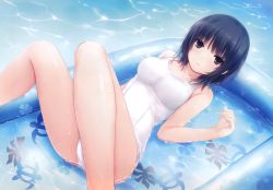 Rule 34 | 1girl, aoyama sumika, bare arms, black hair, breasts, brown eyes, coffee-kizoku, collarbone, dutch angle, highres, in water, inflatable raft, looking at viewer, lying, medium breasts, on back, one-piece swimsuit, original, school swimsuit, short hair, solo, swimsuit, water, wet, white one-piece swimsuit, white school swimsuit