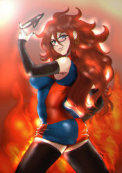 Rule 34 | 1girl, android 21, ass, big hair, black-framed eyewear, black nails, black panties, black pantyhose, blue eyes, breasts, brown hair, curly hair, dragon ball, dragon ball fighterz, dress, earrings, female focus, fire, glasses, hip focus, holding, holding clothes, holding panties, holding underwear, hoop earrings, jewelry, long hair, multicolored clothes, multicolored dress, nail polish, panties, pantyhose, sideboob, solo, thighhighs, thighs, underwear