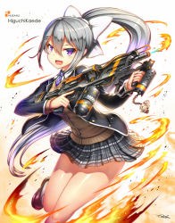 Rule 34 | &gt;:d, 1girl, :d, blazer, bow, character doll, character name, check commentary, commentary request, copyright name, elu (nijisanji), fire, flamethrower, gia, gun, hair bow, hair ornament, hairclip, highres, higuchi kaede, holding, holding gun, holding weapon, jacket, mole, mole under eye, necktie, nijisanji, open mouth, plaid, plaid skirt, ponytail, purple eyes, school uniform, silver hair, skirt, smile, solo, sweater, trigger discipline, v-shaped eyebrows, virtual youtuber, weapon, white background