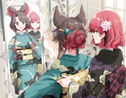 Rule 34 | 2girls, :d, adjusting another&#039;s clothes, alternate hair color, alternate hairstyle, animal, animal ears, aqua kimono, black kimono, blush, bright pupils, brown hair, brown tail, calligraphy, cat, cattail, checkered clothes, checkered sash, cherry blossoms, chest of drawers, chinese knot, closed mouth, cloud print, colored tips, commission, dot nose, drawer, dutch angle, eyebrows hidden by hair, feet out of frame, floral print, flower, flower knot, from behind, from side, full-length mirror, hair behind ear, hair flower, hair ornament, hair stick, hair up, half-closed eyes, han&#039;eri, hands up, happy, horikawa raiko, imaizumi kagerou, indoors, japanese clothes, kanzashi, kimono, light blush, loaded interior, long hair, long sleeves, looking at mirror, mirror, multicolored hair, multiple girls, narrowed eyes, obi, obidome, obijime, open mouth, parted bangs, pink eyes, pink flower, pink hair, pink pupils, plant, print kimono, print sash, profile, red eyes, red hair, reflection, room, sakuraba yuuki, sash, shiny skin, short hair, sidelocks, skeb commission, smile, split mouth, standing, swept bangs, tail, tareme, tassel, touhou, tsumami kanzashi, two-tone hair, updo, upper body, wavy hair, whorled clouds, wide sleeves, window, wolf ears, wolf girl, wolf tail, yellow sash