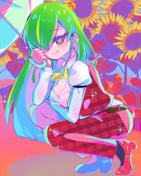 Rule 34 | absurdres, arm under breasts, ascot, belt, black socks, breasts, cleavage, collar, detached collar, flower, from side, green eyes, green hair, hair over one eye, hand on own cheek, hand on own face, high heels, highres, holding, holding umbrella, karyodares, kazami yuuka, kazami yuuka (pc-98), large breasts, long hair, long sleeves, looking at viewer, open clothes, open vest, outdoors, pants, parasol, plaid, plaid pants, plaid vest, puffy sleeves, red footwear, shirt, smile, socks, sparkle, squatting, sunflower, touhou, touhou (pc-98), umbrella, vest, white shirt, white umbrella, yellow ascot