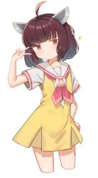 Rule 34 | 1girl, ahoge, blunt bangs, brown hair, closed mouth, collared shirt, commentary request, cosplay, cowboy shot, cropped legs, dress, hand on own hip, headgear, highres, kashikoma!, looking at viewer, neckerchief, niizuka (c-drop), paprika private academy school uniform, pinafore dress, pink neckerchief, pretty series, pripara, red eyes, sailor collar, school uniform, shirt, short dress, short hair, short sleeves, simple background, sleeveless, sleeveless dress, solo, sparkle, standing, touhoku kiritan, v, voiceroid, white background, white sailor collar, white shirt, yellow dress