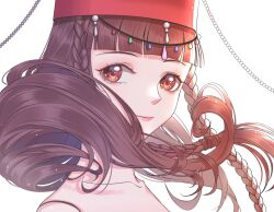 Rule 34 | 1girl, absurdres, braided sidelock, brown eyes, brown hair, close-up, closed mouth, floating hair, from side, hei xiangling, highres, kumu zaisheng, long hair, looking to the side, pink lips, portrait, red headwear, simple background, smile, solo, white background, ye luoli