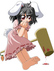 Rule 34 | 1girl, :d, animal ears, barefoot, black hair, blood, blood splatter, d.a, dripping, feet, female focus, full body, hammer, inaba tewi, looking at viewer, open mouth, puffy short sleeves, puffy sleeves, rabbit ears, red eyes, short sleeves, simple background, smile, soles, solo, toes, touhou, white background