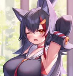 Rule 34 | 1girl, animal ear fluff, animal ears, arm behind head, armpits, arms up, between breasts, black hair, blush, breasts, commentary request, crop top, deaver, fang, hair ornament, highres, hololive, large breasts, long hair, looking at viewer, multicolored hair, necktie, necktie between breasts, one eye closed, ookami mio, ookami mio (1st costume), red eyes, red hair, sailor collar, short necktie, solo, streaked hair, upper body, virtual youtuber, wolf ears, wolf girl