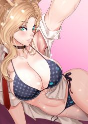 Rule 34 | 1girl, animal ears, bikini, blonde hair, breasts, choker, collarbone, commission, cross, drawing, glint, gradient background, green eyes, highres, large breasts, lips, looking at viewer, necktie, nico-mo, no pants, open clothes, open shirt, original, outstretched arm, pink background, red necktie, short sleeves, smile, star (symbol), star print, sweat, swimsuit, undone necktie