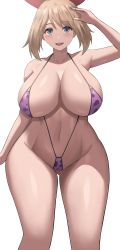 Rule 34 | 1girl, absurdres, aged up, alternate breast size, animal print, arm at side, arm up, bikini, blue eyes, blush, breasts, brown hair, cowboy shot, creatures (company), curvy, game freak, highres, huge breasts, jasony, large breasts, leopard print, may (pokemon), navel, nintendo, pokemon, pokemon oras, print bikini, purple eyes, short hair, simple background, smile, solo, standing, stomach, swimsuit, thighs, white background