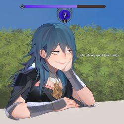 Rule 34 | 1girl, armor, blue eyes, blue hair, byleth (female) (fire emblem), byleth (fire emblem), commentary, english commentary, english text, fire emblem, fire emblem: three houses, hair between eyes, highres, lavelis, nintendo, outdoors, sitting, smirk, smug, solo, table, upper body