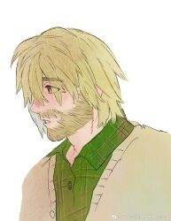 Rule 34 | 1boy, alternate facial hair, alternate hairstyle, blonde hair, brown sweater, chinese commentary, collared shirt, commentary request, dungeon meshi, green shirt, highres, laios touden, looking to the side, male focus, mingdamitang, parted lips, shirt, short hair, simple background, sweater, upper body, weibo watermark, white background, yellow eyes