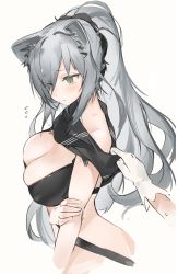 Rule 34 | 2girls, animal ears, arknights, black bra, black scarf, blush, bra, breasts, cat ears, ceylon (arknights), cleavage, closed mouth, commentary, cropped torso, disembodied limb, embarrassed, eyes visible through hair, from side, furrowed brow, gloves, hair between eyes, hickey, highres, holding own arm, large breasts, long hair, looking down, mikozin, multiple girls, out of frame, ponytail, scarf, schwarz (arknights), scrunchie, silver hair, simple background, skindentation, solo focus, sports bra, sweatdrop, underwear, upper body, white background, white gloves, yellow eyes