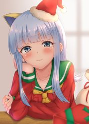 Rule 34 | 1girl, :3, animal ears, bag, blue eyes, blue hair, blunt bangs, blurry, blurry background, blurry foreground, blush, collarbone, eyes visible through hair, fake animal ears, gift, hand on own face, hand up, hat, hatsukaze (kancolle), kantai collection, long hair, looking at viewer, piyobomu, red ribbon, ribbon, sailor collar, santa hat, school uniform, sidelocks, smile, solo