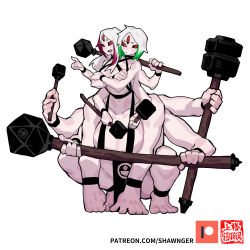 Rule 34 | club (weapon), crossed arms, dice clan, highres, monster girl, multicolored hair, multiple arms, multiple eyes, multiple girls, pale skin, patreon logo, shawnger, two heads, unusual pupils, watermark, white hair