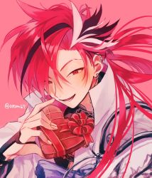 Rule 34 | 1boy, commentary request, earrings, eyebrow cut, fate/grand order, fate (series), jacket, japanese clothes, jewelry, long hair, long sleeves, looking at viewer, male focus, multicolored hair, open mouth, red eyes, red hair, smile, solo, streaked hair, takasugi shinsaku (fate), tomato (otom67), two-tone hair, upper body, white hair, white jacket