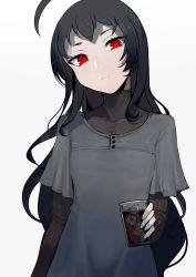 Rule 34 | 1girl, abyssal ship, ahoge, black hair, closed mouth, cup, dress, drinking glass, fingernails, grey background, grey dress, head tilt, highres, isolated island oni, kantai collection, layered sleeves, long hair, long sleeves, looking at viewer, red eyes, short over long sleeves, short sleeves, simple background, solo, standing, turtleneck, upper body, very long hair, walzrj