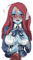 Rule 34 | 10s, 1boy, 1girl, absurdres, after paizuri, ahoge, bad id, bad pixiv id, blue dress, blue neckwear, blue skin, blurry, blurry foreground, blush, bow, bowtie, breasts, buttons, collared shirt, colored skin, covered erect nipples, cum, cum on body, cum on breasts, cum on upper body, depth of field, double-breasted, dress, embarrassed, fingernails, hair ribbon, highres, large breasts, long sleeves, looking at viewer, minamoto sakura, multicolored ribbon, one side up, open mouth, penis, polka dot, polka dot ribbon, pov, pov crotch, red eyes, red hair, ribbon, shirt, simple background, solo focus, suisogenshi, sweatdrop, upper body, white background, white shirt, wing collar, zombie, zombie land saga