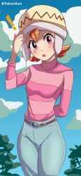 Rule 34 | 1girl, absurdres, arm behind back, artist name, blue sky, blush, breasts, brown hair, digimon, digimon adventure, digimon adventure: bokura no war game, exclamation mark, female focus, hand on own head, hat, highres, looking at viewer, medium breasts, open mouth, pabsmikan, pants, red eyes, shirt, short hair, sky, solo, striped clothes, striped shirt, takenouchi sora