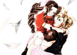 Rule 34 | 1boy, 1girl, 2000s (style), aerith gainsborough, armor, arms around neck, belt, blonde hair, blue eyes, boots, bracelet, braid, brown hair, carrying, chibigou, cloud strife, couple, curly hair, dress, earrings, english text, falling feathers, feathers, final fantasy, final fantasy vii, green eyes, hair ribbon, jewelry, long dress, long hair, muscular, muscular male, pink dress, pink ribbon, princess carry, puffy short sleeves, puffy sleeves, red vest, retro artstyle, ribbon, ringlets, short sleeves, shoulder armor, sleeveless, sleeveless turtleneck, square enix, suspenders, turtleneck, vest, white background