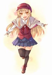 Rule 34 | 10s, 1girl, arios (orochi yuta), black thighhighs, blonde hair, blue skirt, capelet, hat, highres, ikkyuu tensai, long hair, looking at viewer, open mouth, orange eyes, outstretched arms, ryuugajou nanana no maizoukin, school uniform, skirt, solo, thighhighs
