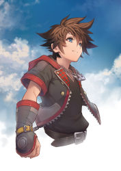 Rule 34 | 1boy, belt, belt buckle, black shirt, blue eyes, blue sky, brown belt, brown hair, buckle, buttons, clenched hand, closed mouth, cloud, cloudy sky, fingerless gloves, gloves, grey gloves, grey hoodie, highres, hood, hoodie, jewelry, kingdom hearts, kingdom hearts iii, looking afar, male focus, necklace, nishikawa eito, shirt, sky, smile, solo, sora (kingdom hearts), upper body, zipper, zipper pull tab