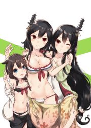 Rule 34 | 3girls, absurdres, ahoge, beige sarong, bikini, black bikini, black hair, black sarong, blue eyes, braid, breasts, casual one-piece swimsuit, cleavage, floral print, fusou (kancolle), girl sandwich, hair between eyes, hair flaps, hair ornament, hair over shoulder, highres, jacket, kantai collection, large breasts, long hair, looking at viewer, momimaki, multicolored clothes, multicolored swimsuit, multiple girls, one-piece swimsuit, open clothes, open jacket, open mouth, red eyes, remodel (kantai collection), sandwiched, sarong, shigure (kancolle), short hair, single braid, smile, swimsuit, two-tone background, white background, white jacket, yamashiro (kancolle)