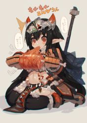 Rule 34 | 10s, 1girl, black hair, boned meat, boots, chain chronicle, eating, food, fur boots, fur trim, gloves, highres, horns, loincloth, long hair, mace, mamuru, meat, midriff, navel, pointy ears, red eyes, skull, solo, spiked mace, spikes, weapon