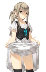 Rule 34 | 1girl, black thighhighs, brown hair, clothes lift, collarbone, cowboy shot, dated, dress, green eyes, grey hair, hair between eyes, highres, long hair, looking at viewer, original, parted lips, rayvon, see-through, short sleeves, side ponytail, sidelocks, simple background, skirt, skirt lift, solo, thighhighs, thighs, vest, wet, wet clothes, white background, white dress, white skirt