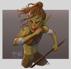 Rule 34 | 1girl, baldur&#039;s gate, baldur&#039;s gate 3, bandaged arm, bandages, bare arms, bare shoulders, braid, brown hair, brown pants, brown shirt, colored skin, cropped legs, dungeons &amp; dragons, gith (dungeons &amp; dragons), gradient background, green skin, highres, holding, holding polearm, holding weapon, lae&#039;zel, midriff, navel, neonsun, open mouth, orange eyes, pants, pointy ears, polearm, ponytail, sharp teeth, shirt, slit pupils, solo, stomach, teeth, weapon