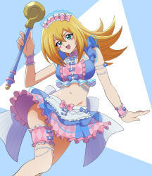 Rule 34 | 1girl, :d, blonde hair, blue bow, blush stickers, bow, bowtie, bridal garter, cosplay, crop top, dark magician girl, frilled skirt, frills, green eyes, holding, holding staff, long hair, looking at viewer, midriff, navel, open mouth, pink bow, pink bowtie, pink headwear, pretty series, pripara, skirt, smile, solo, staff, summer maid coord, uma (umagaobanana), wrist cuffs, yu-gi-oh!, yu-gi-oh! duel monsters