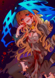 Rule 34 | 1girl, blonde hair, blood, blood on clothes, blood on face, blood splatter, blue eyes, blunt bangs, boots, choker, detached sleeves, dress, fall4592, glowing, glowing eyes, happy, hood, laughing, long hair, looking at viewer, open mouth, possessed, red riding hood (sinoalice), sinoalice, solo, thigh boots, thighhighs, yandere